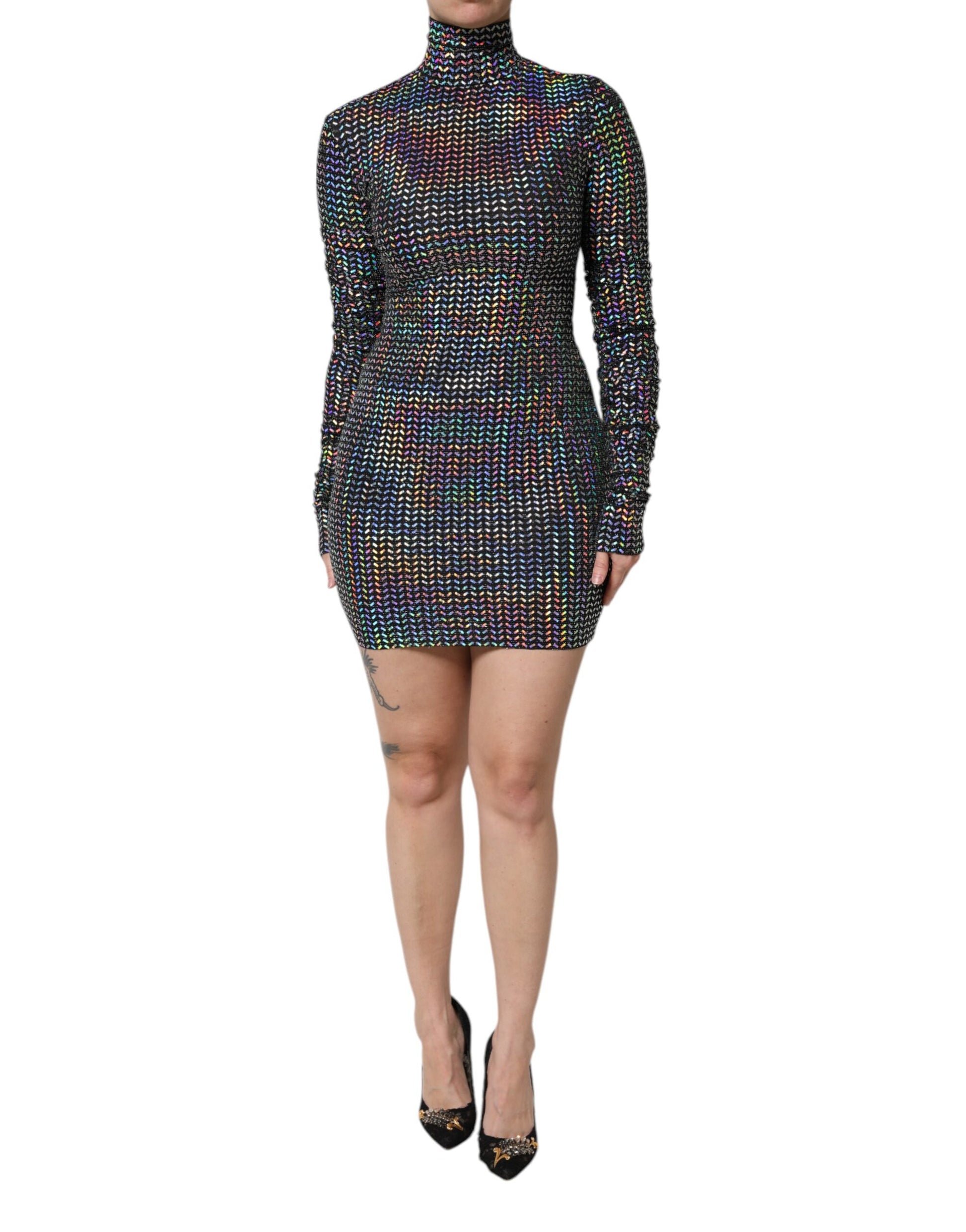 A black embellished nylon bodycon mini dress with short sleeves and high neckline
