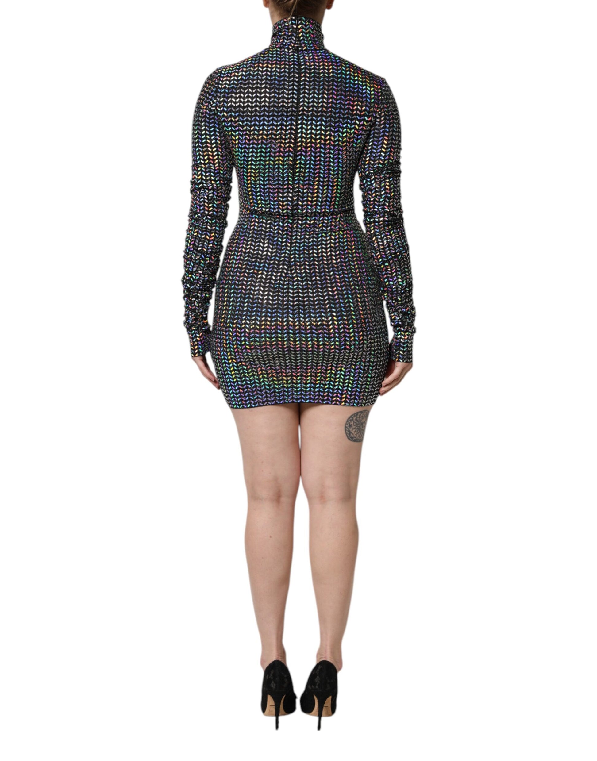 A black embellished nylon bodycon mini dress with short sleeves and a high neckline