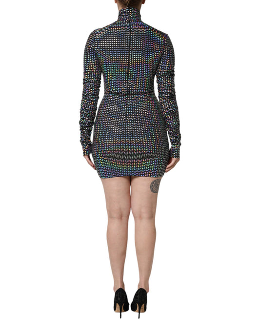 A black embellished nylon bodycon mini dress with short sleeves and a high neckline