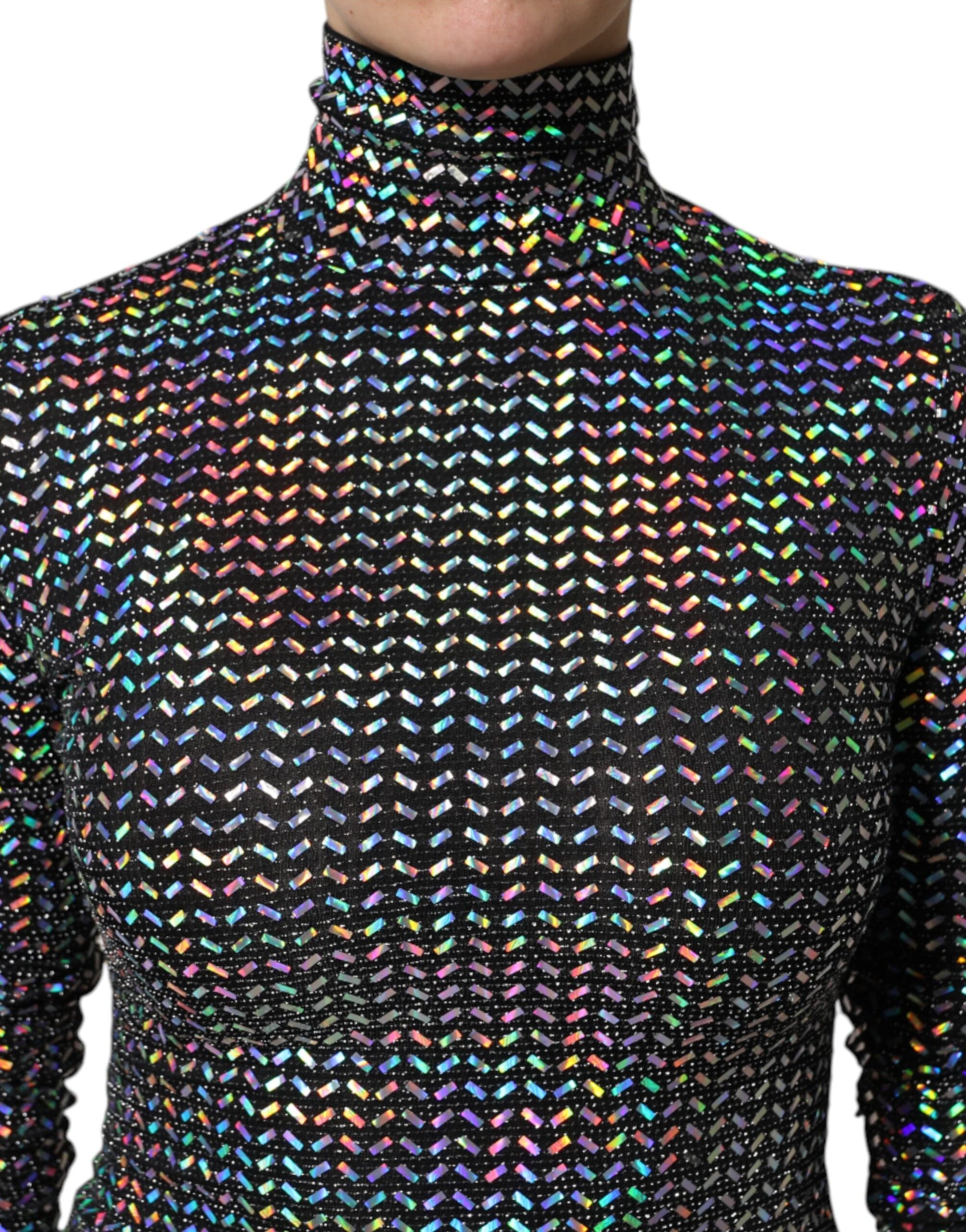 A black bodycon dress with colorful embellishments