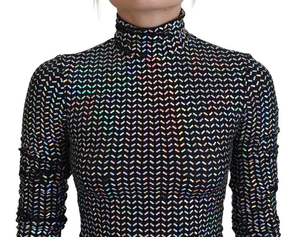 A black bodycon dress with colorful embellishments