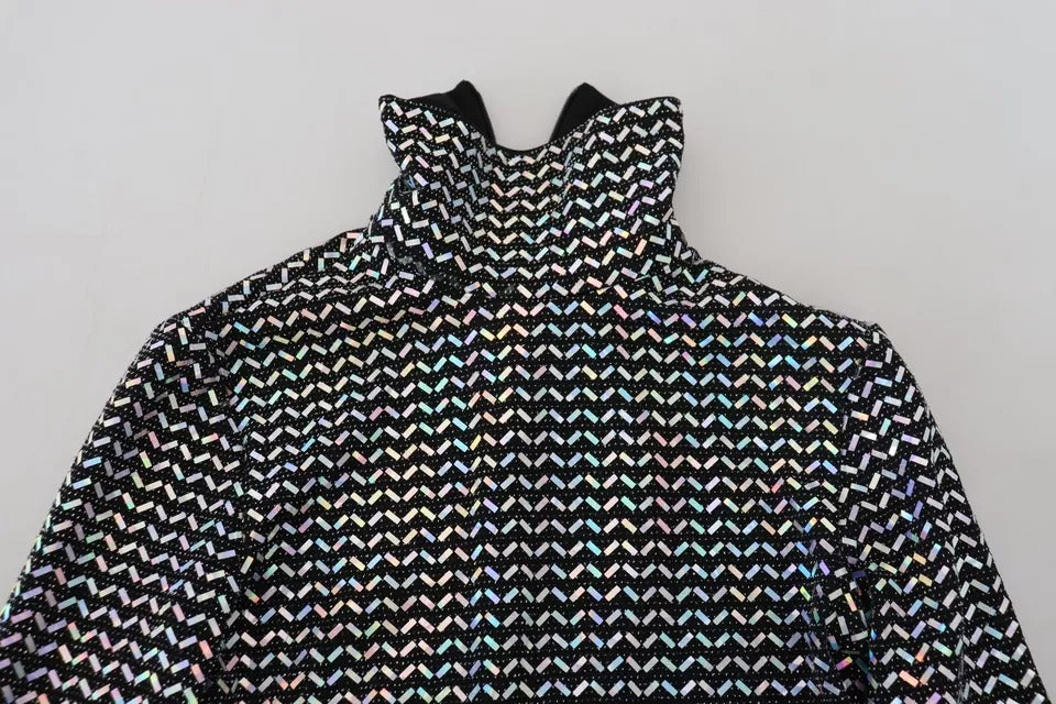 A black embellished nylon bodycon mini dress with a glittery pattern