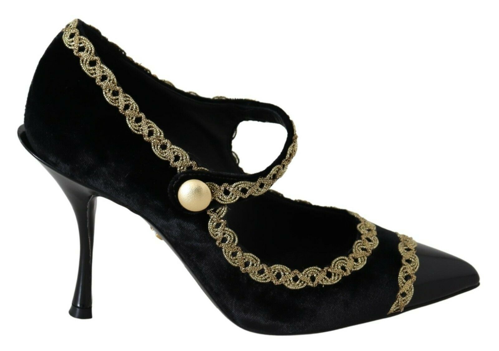 Black velvet high heel shoes with gold embellishments and a strap design