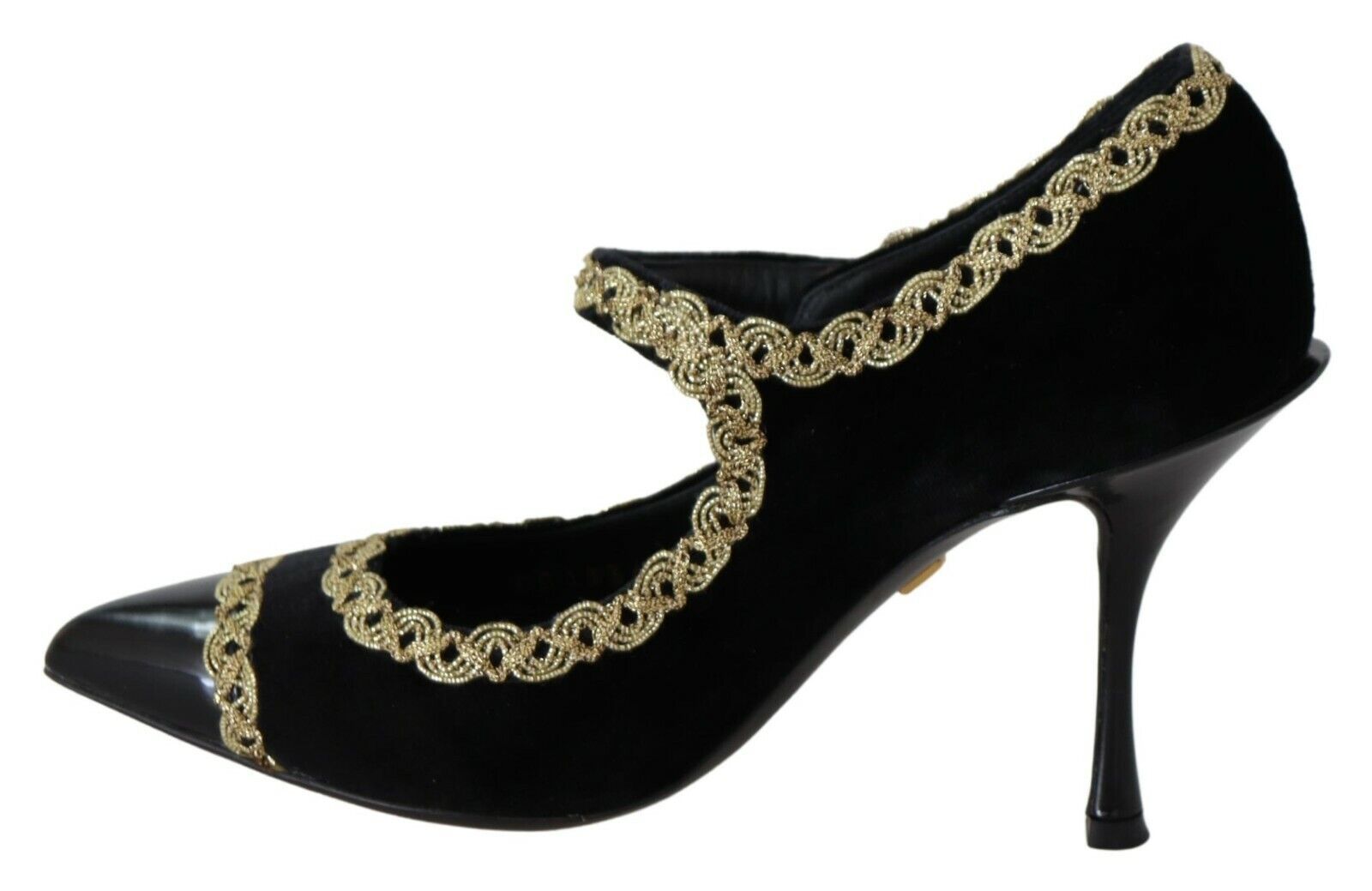 Black high heel shoes with gold embroidery and straps