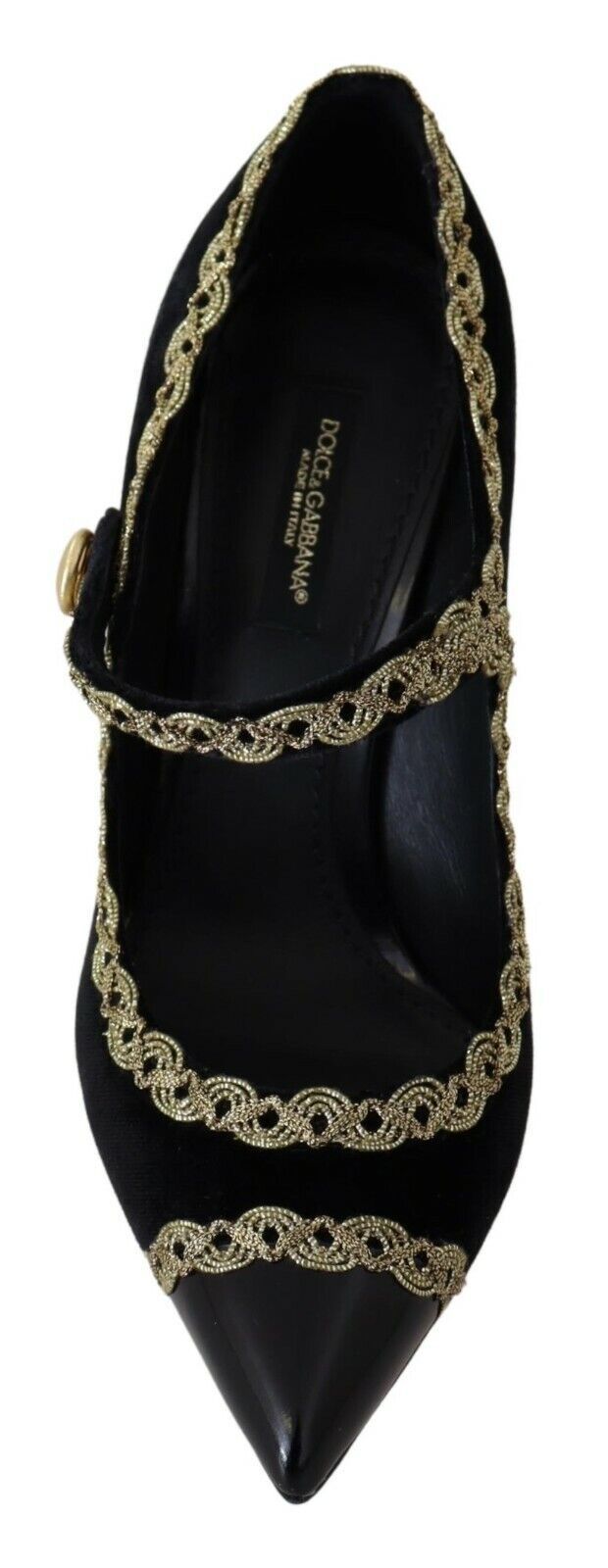 Black high heel shoe with gold embellishments and a strap across the foot
