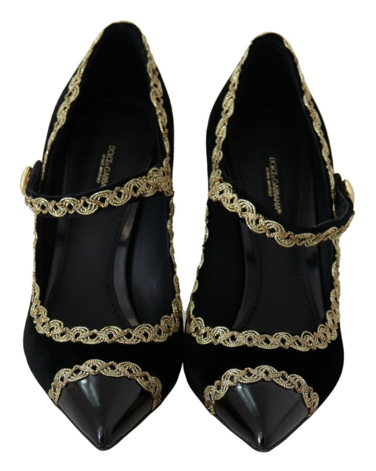 Pair of black high heel shoes with gold embellishments and pointed toe design