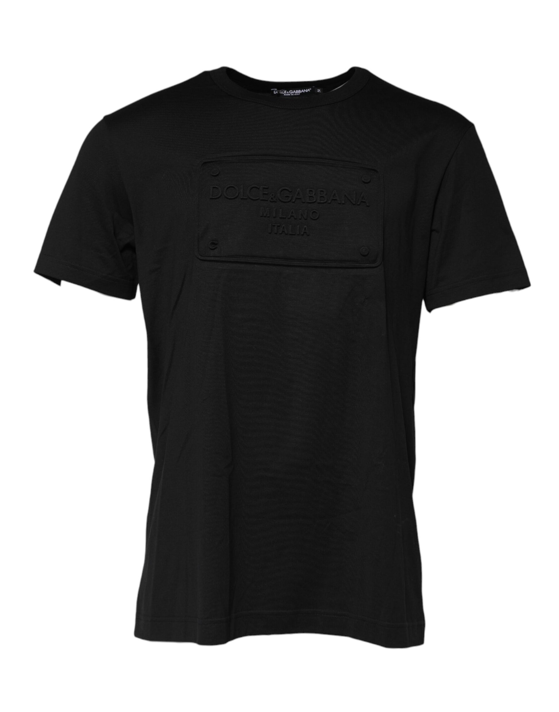Black t-shirt with white lettering on front