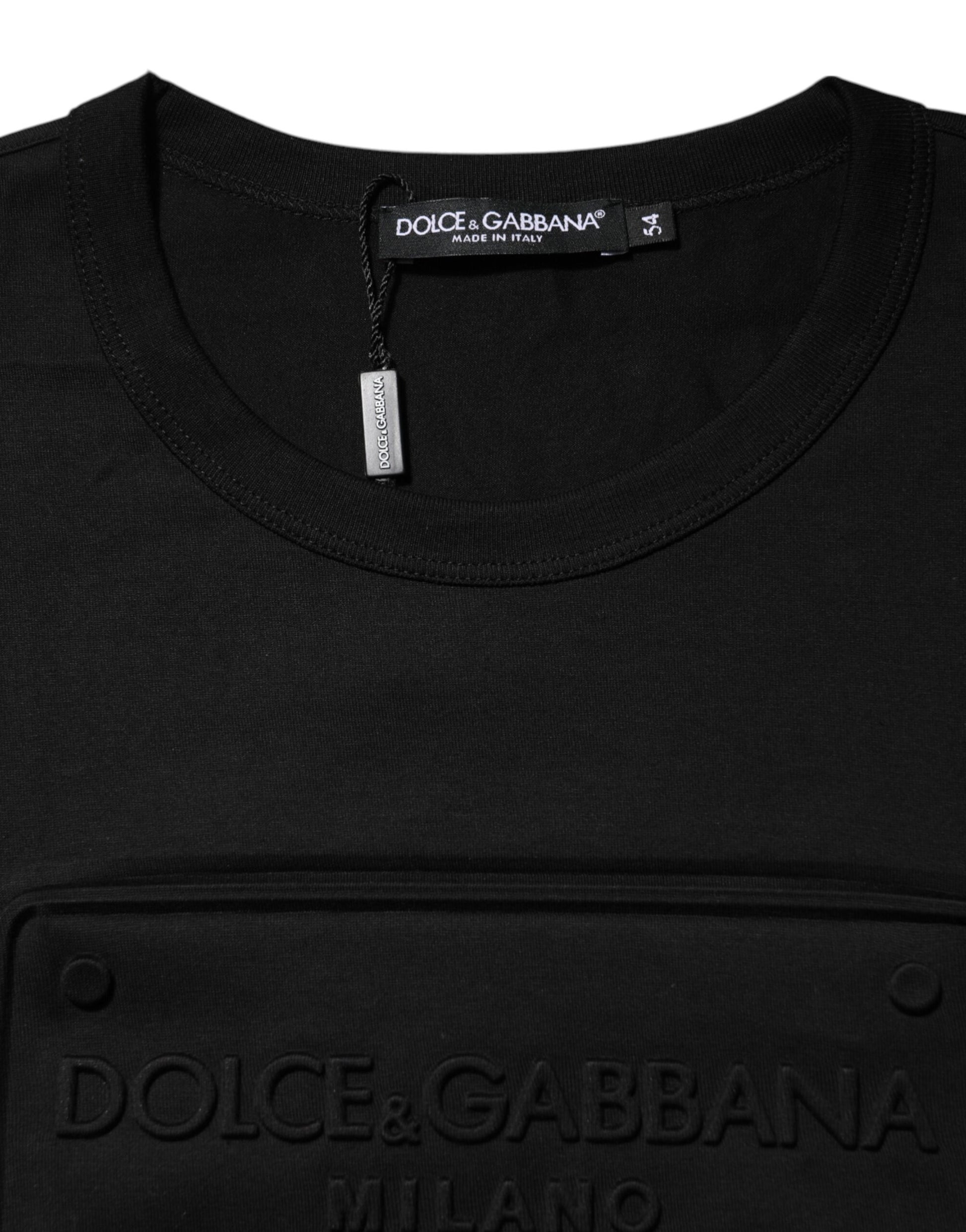 Black t-shirt with white logo on front
