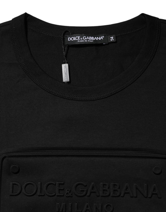 Black t-shirt with white logo on front