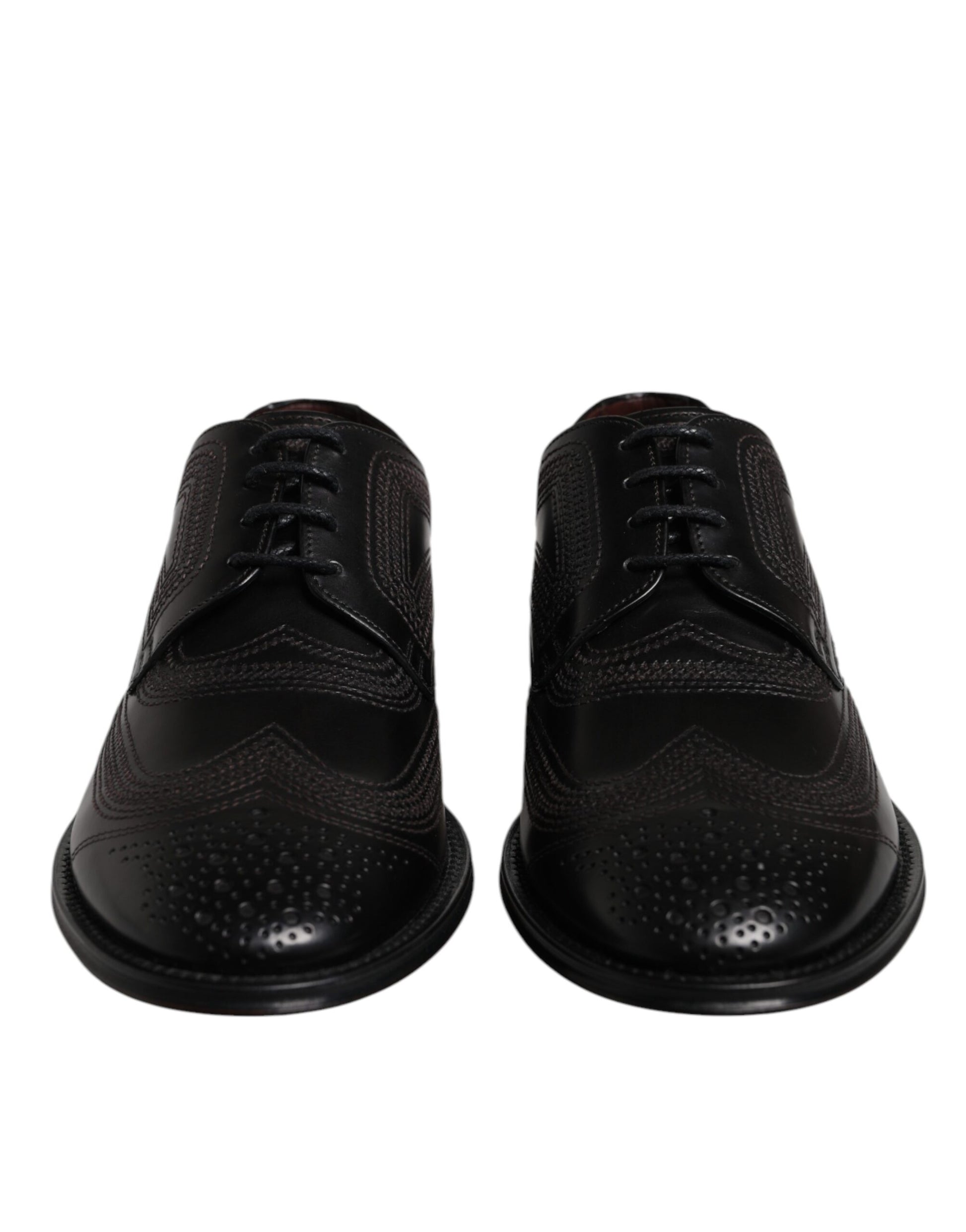Pair of black embroidered leather dress shoes with laces and a small heel