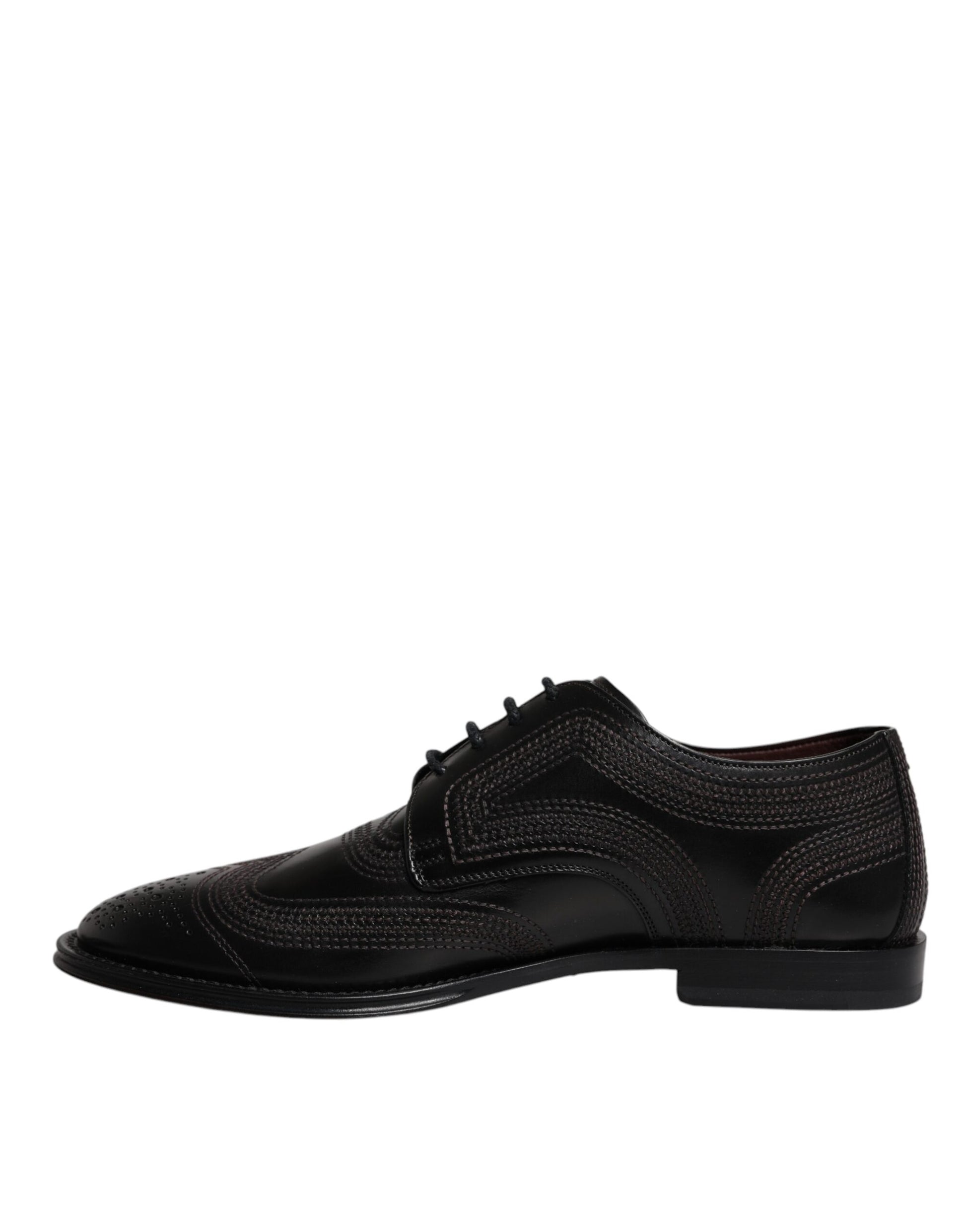 A pair of black embroidered leather dress shoes with a classic design, featuring laces and a low heel