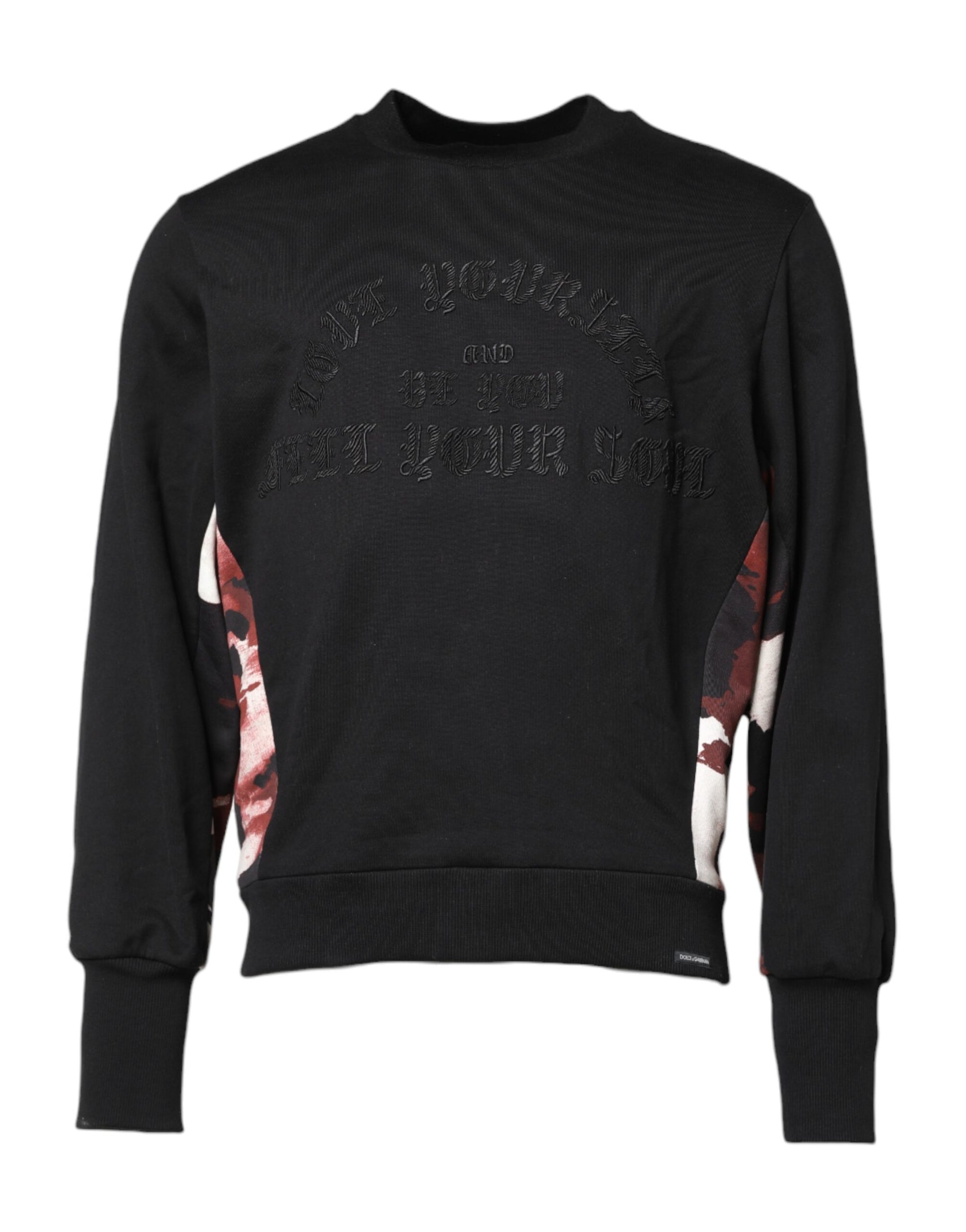 Black sweater with graphic design on front