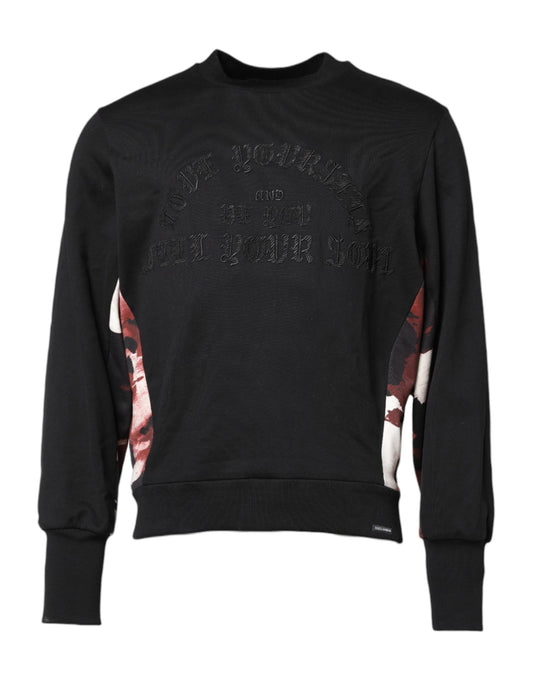 Black sweater with white lettering and design on front