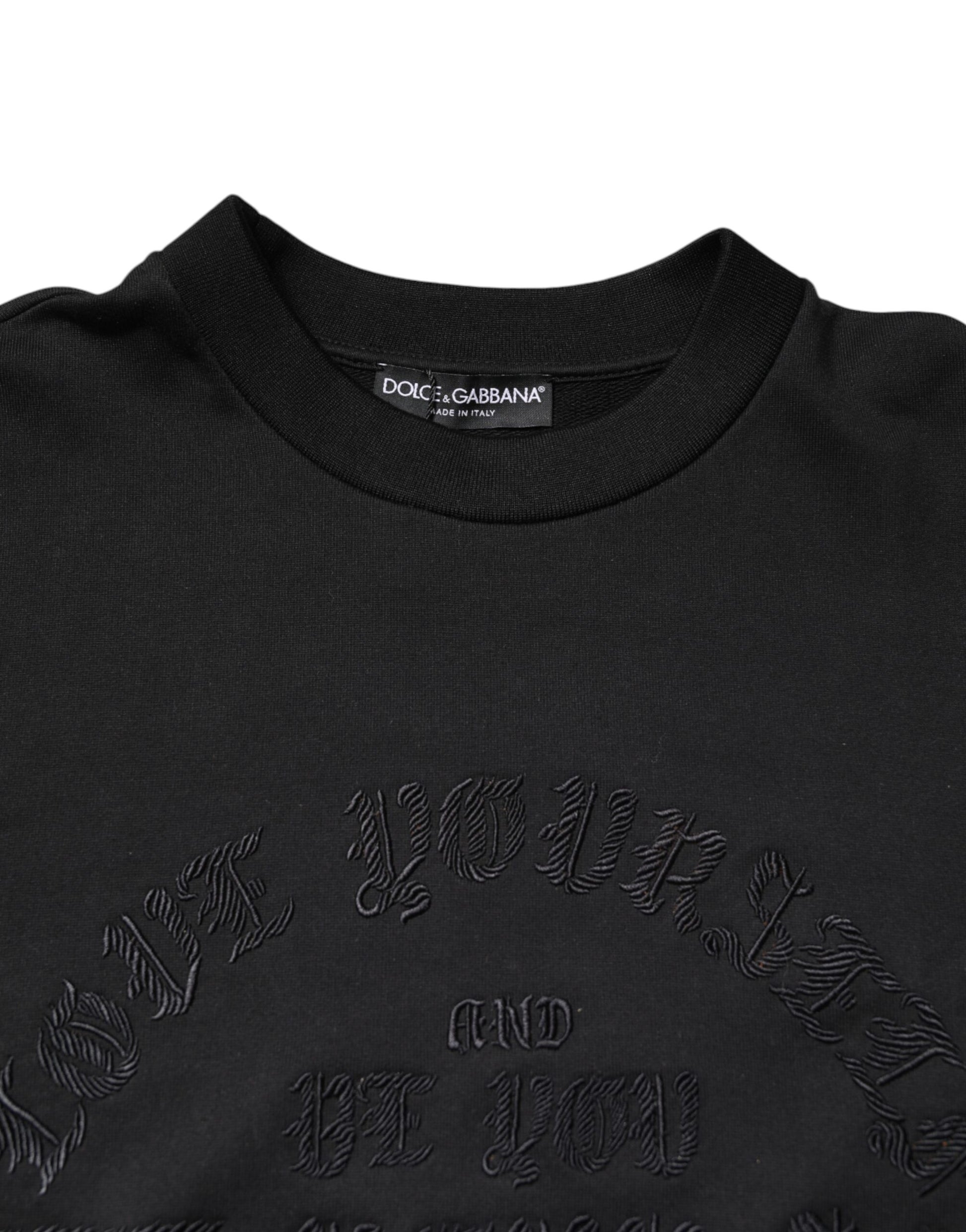 Black sweater with embroidered text