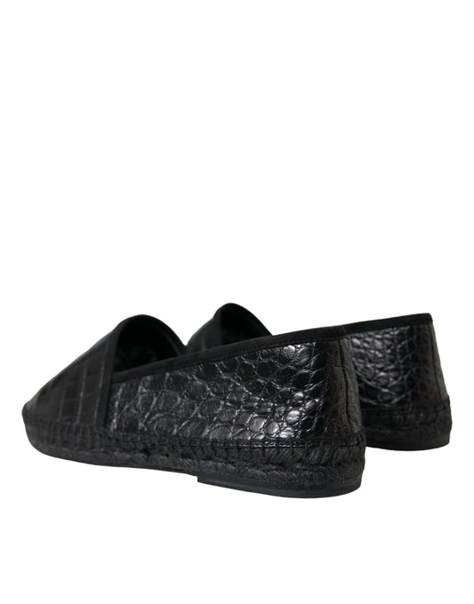 Pair of black shoes with a crocodile skin texture design