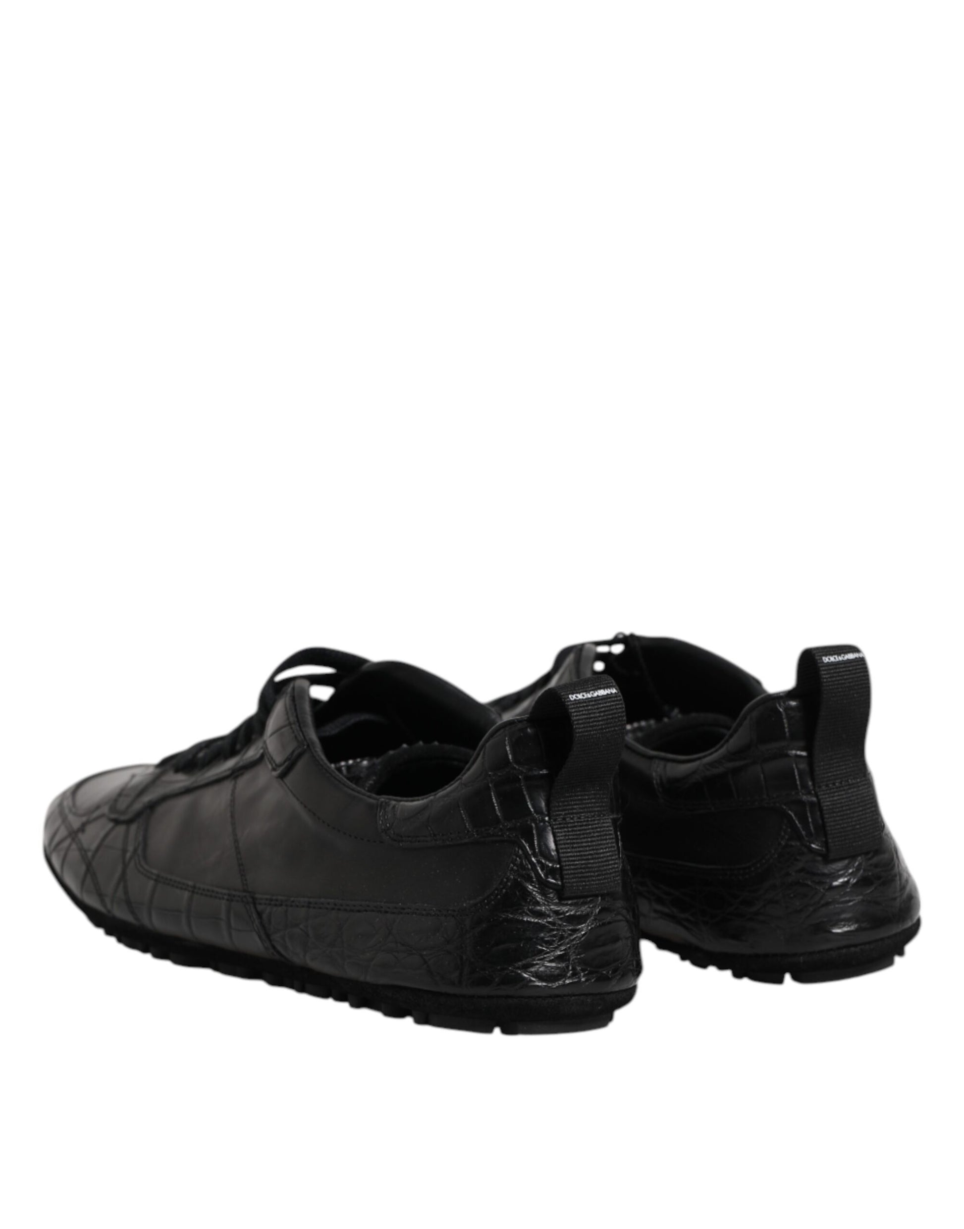 Pair of black exotic leather low top sneakers with white soles