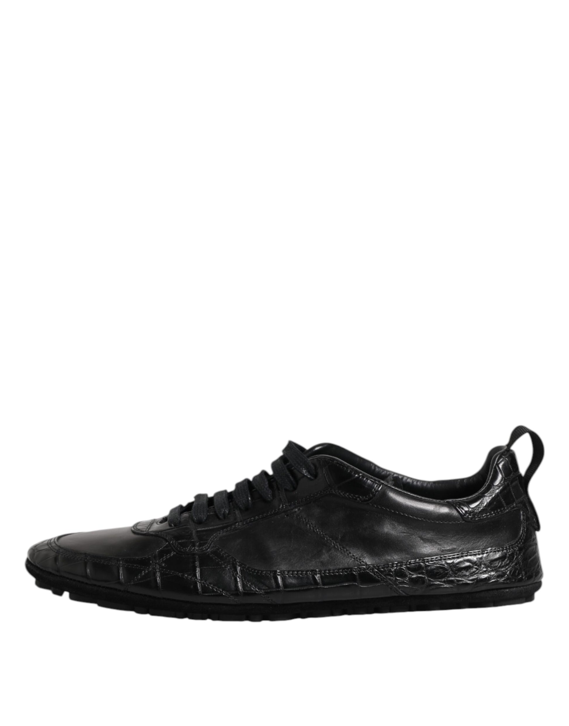 Black exotic leather low top sneakers with laces and a textured design