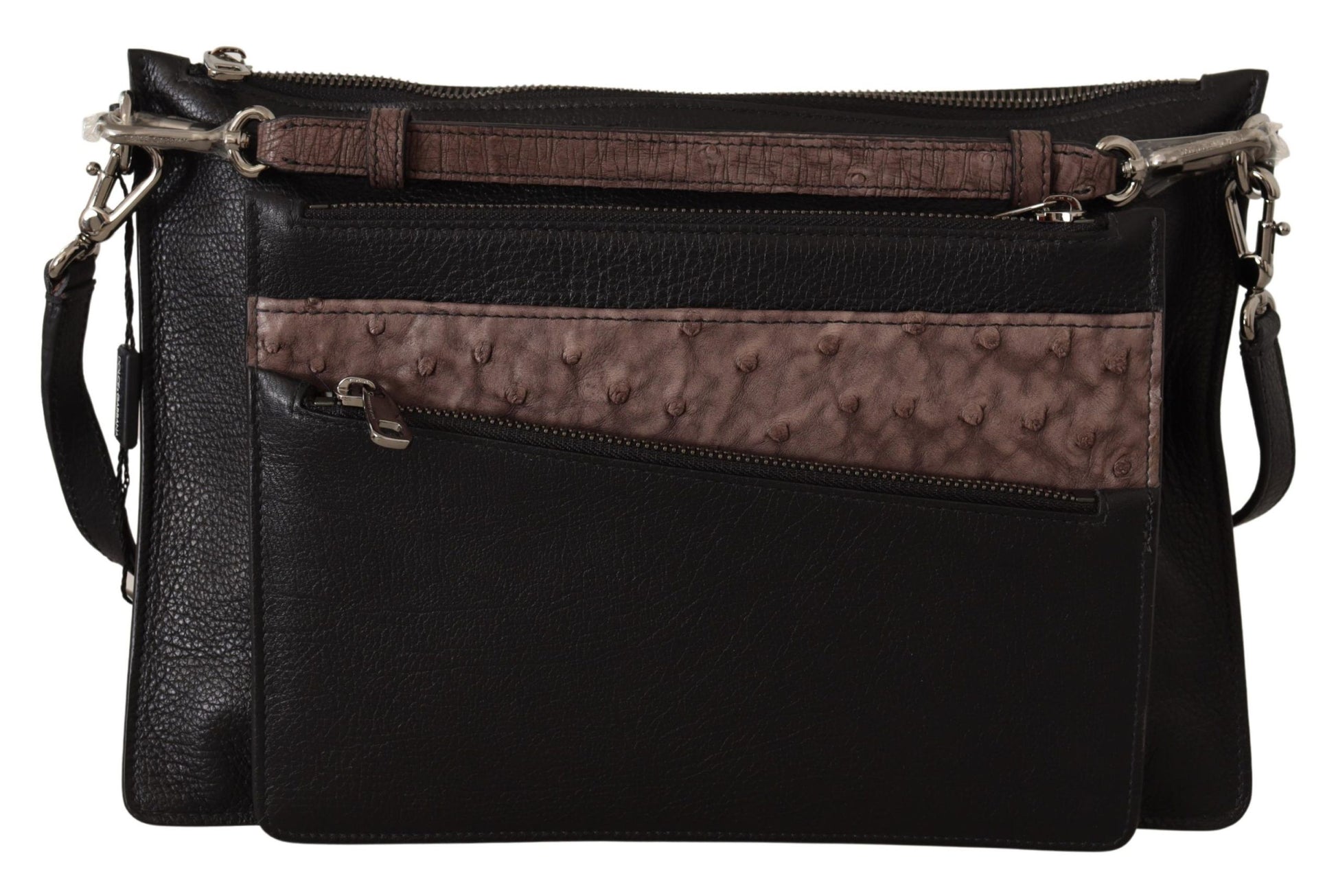 Black leather crossbody bag with brown trim and silver hardware