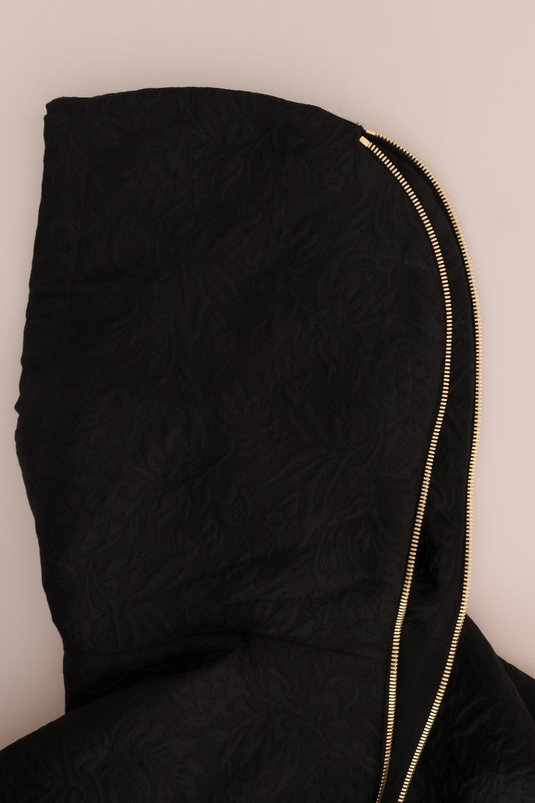 Black hooded jacket with gold zipper
