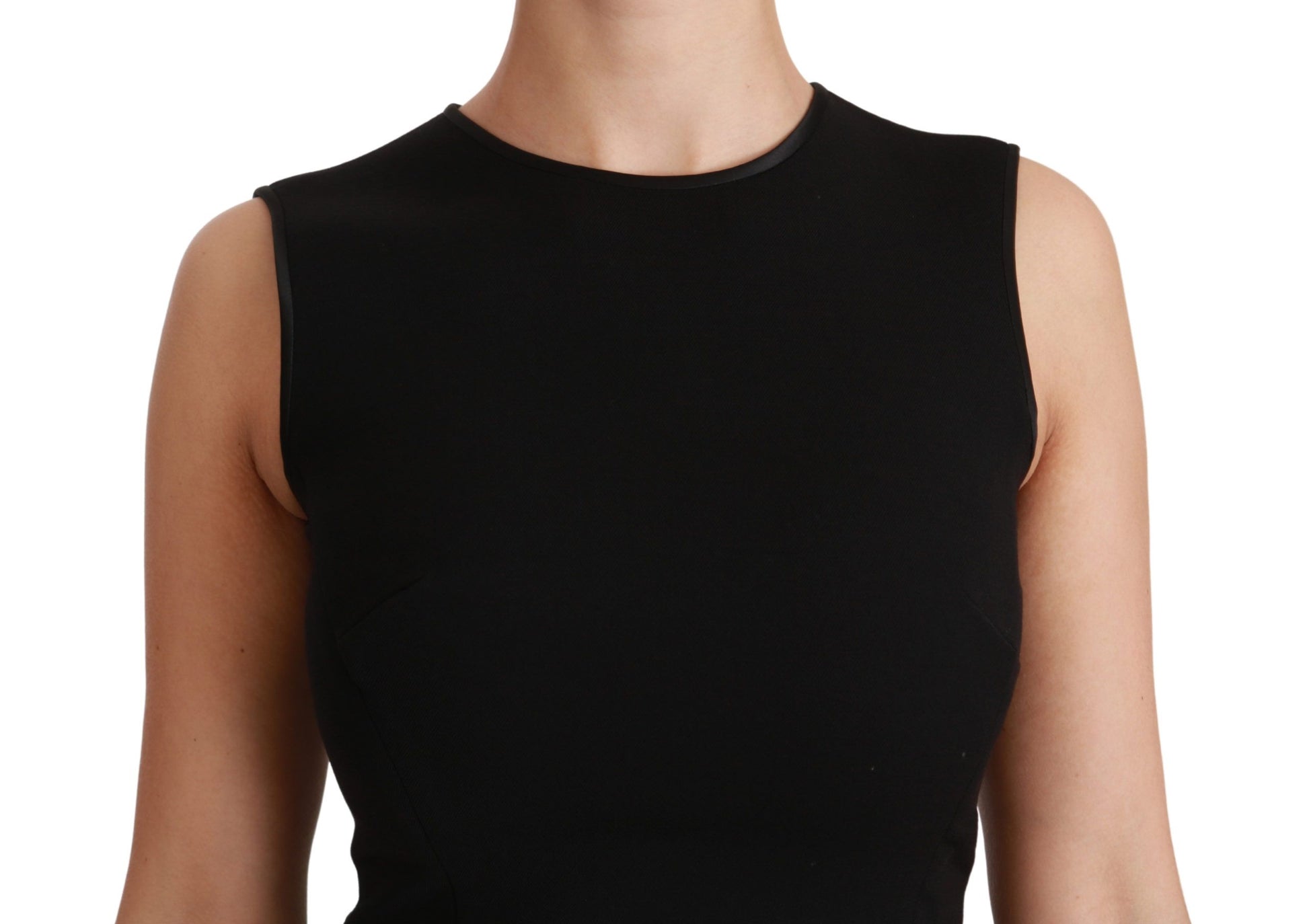 A black fit flare wool stretch sheath dress with a V-neckline