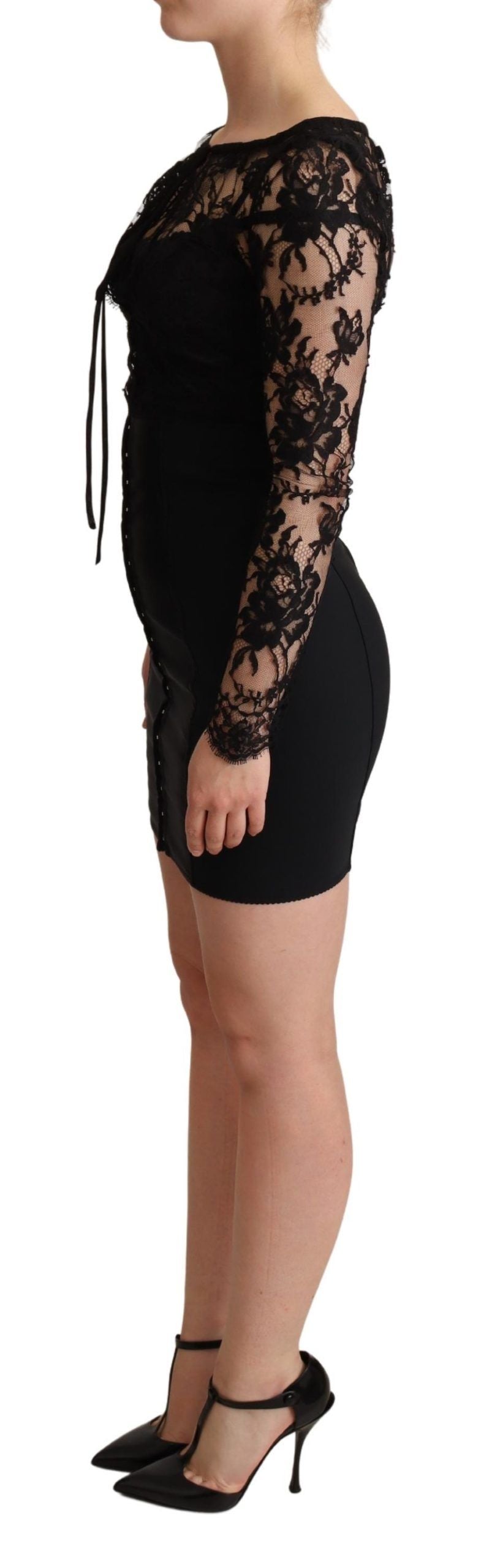 A black fitted lace top bodycon mini dress with a high neckline and short sleeves