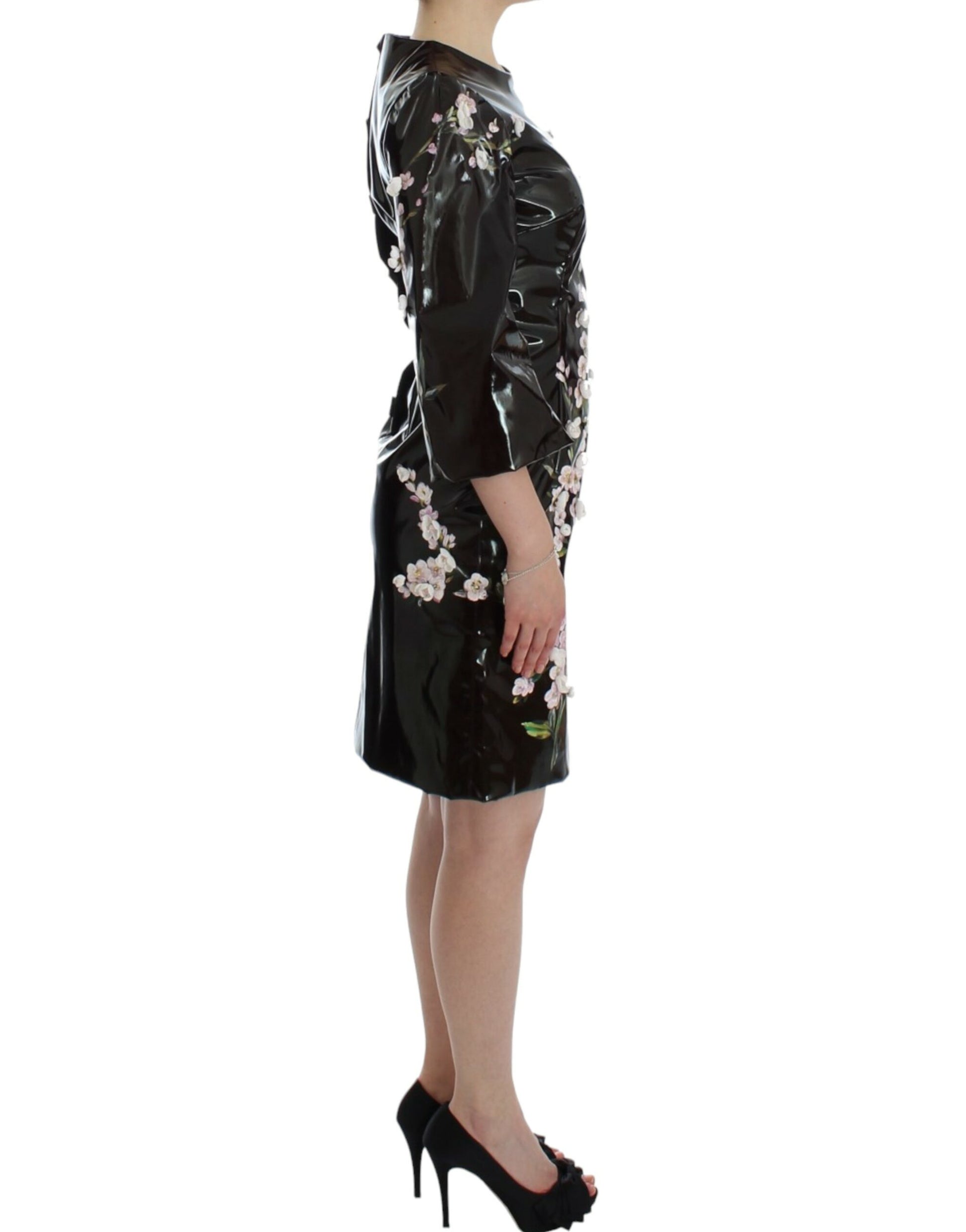 Black leather jacket with floral pattern on back
