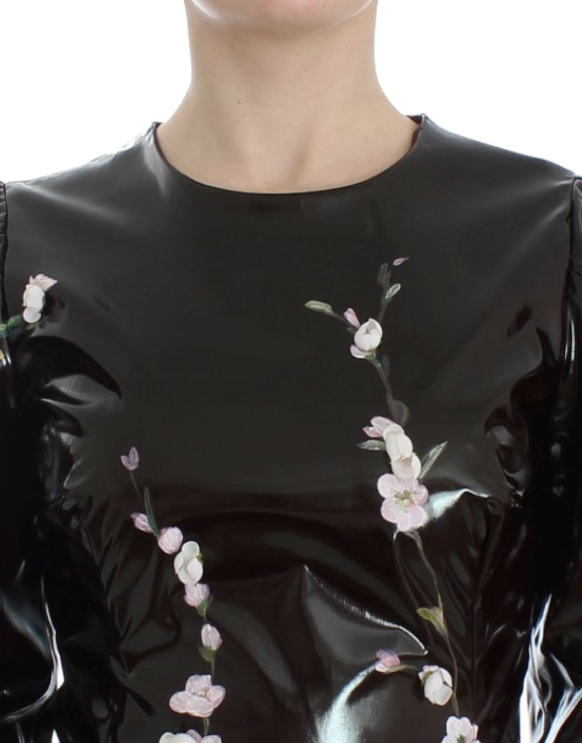 Black leather top with floral embroidery