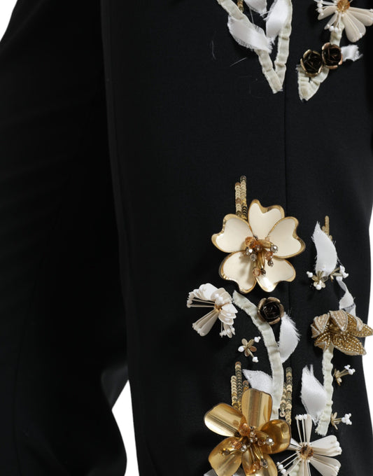 Decorative embellishments on a black suit jacket