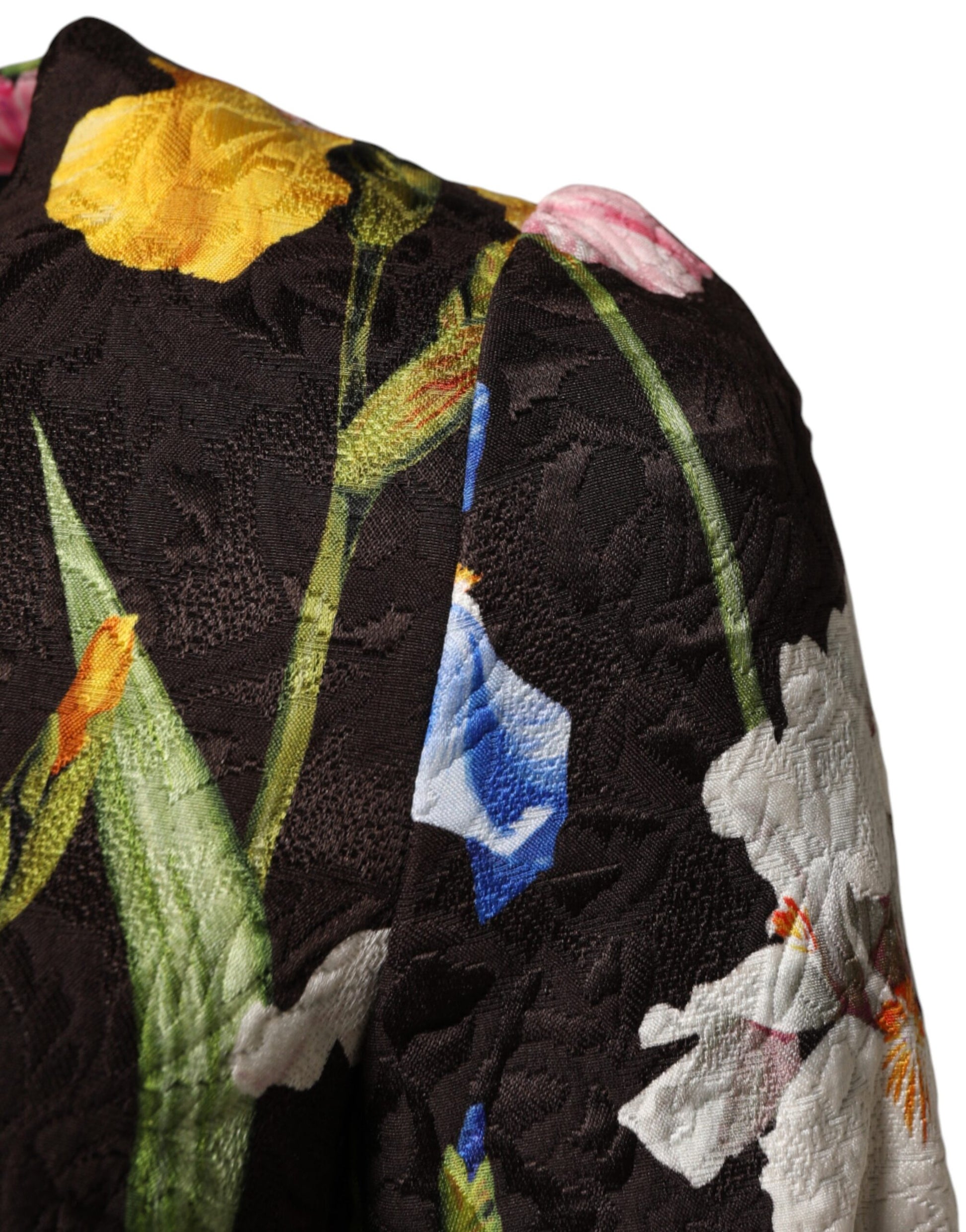 A black floral brocade dress with an A-line silhouette