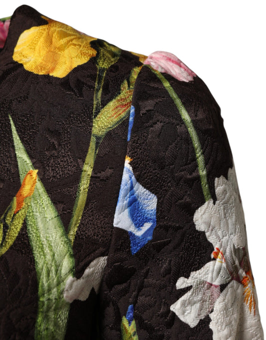 A black floral brocade dress with an A-line silhouette