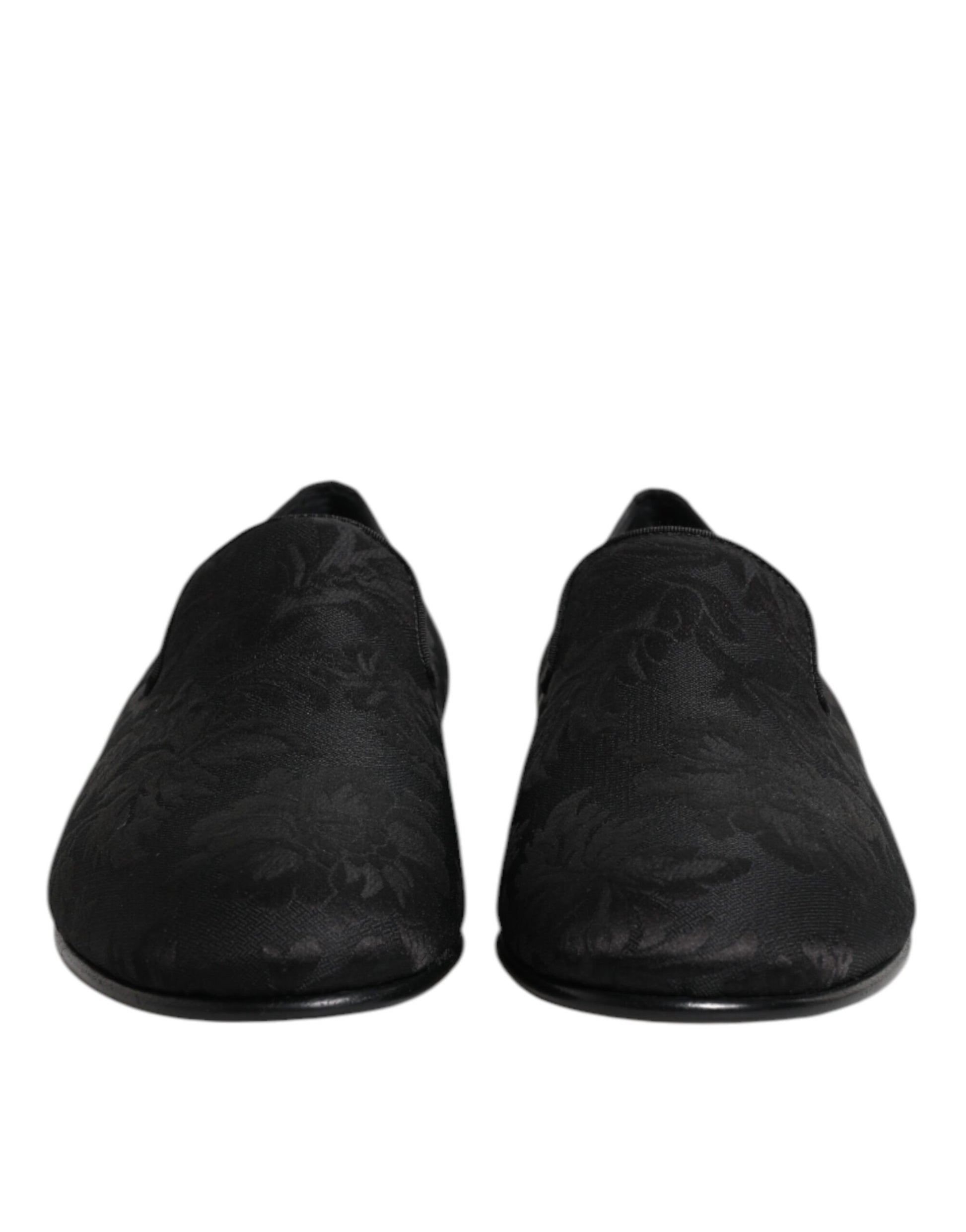 Pair of black floral brocade loafers for men, featuring a dress shoe design
