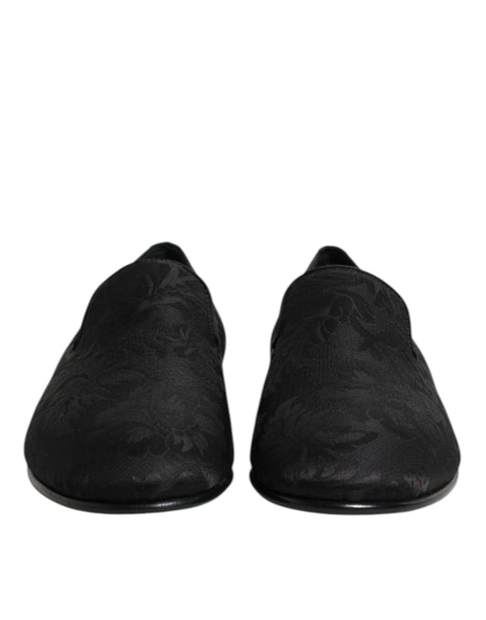 Pair of black floral brocade loafers for men, featuring a dress shoe design