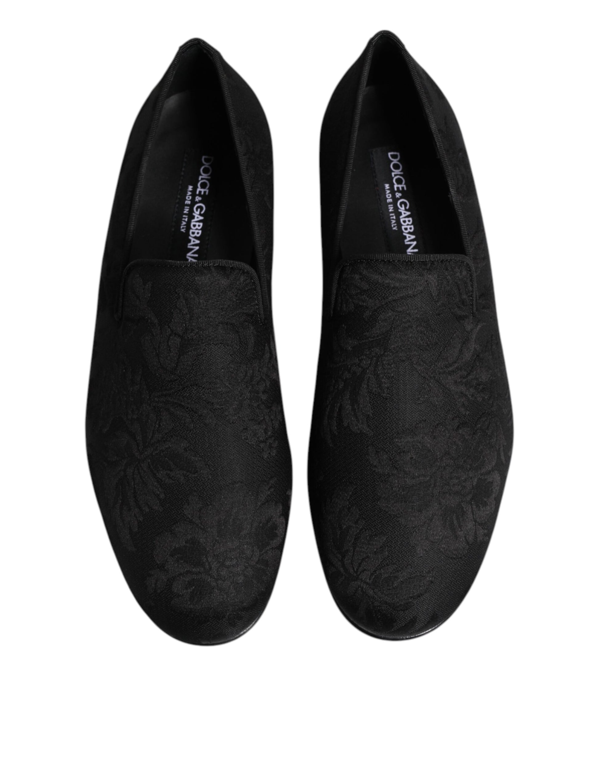 Pair of black loafers with floral brocade design, men's dress shoes