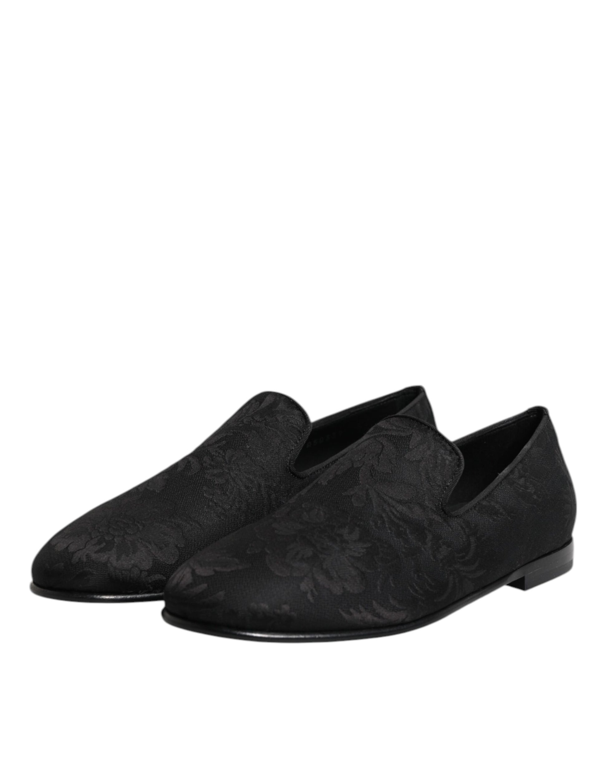 Pair of black loafers with floral brocade pattern, men's dress shoes