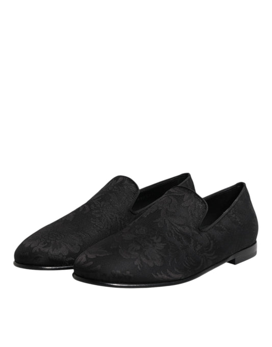 Pair of black loafers with floral brocade pattern, men's dress shoes