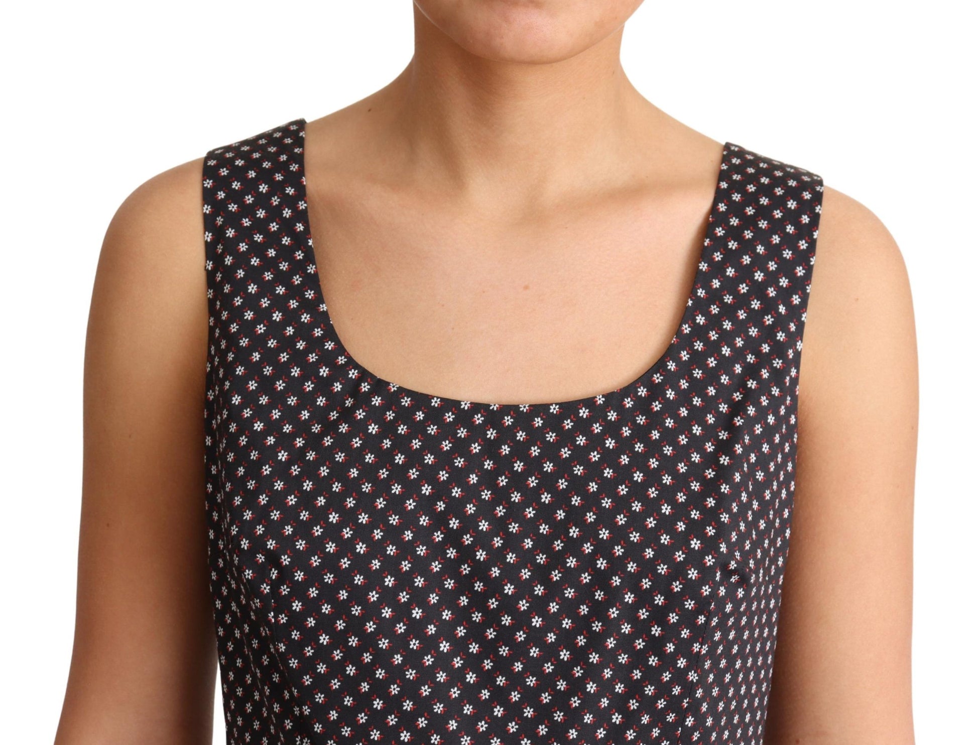 A black floral cotton dress with a stretchy A-line silhouette