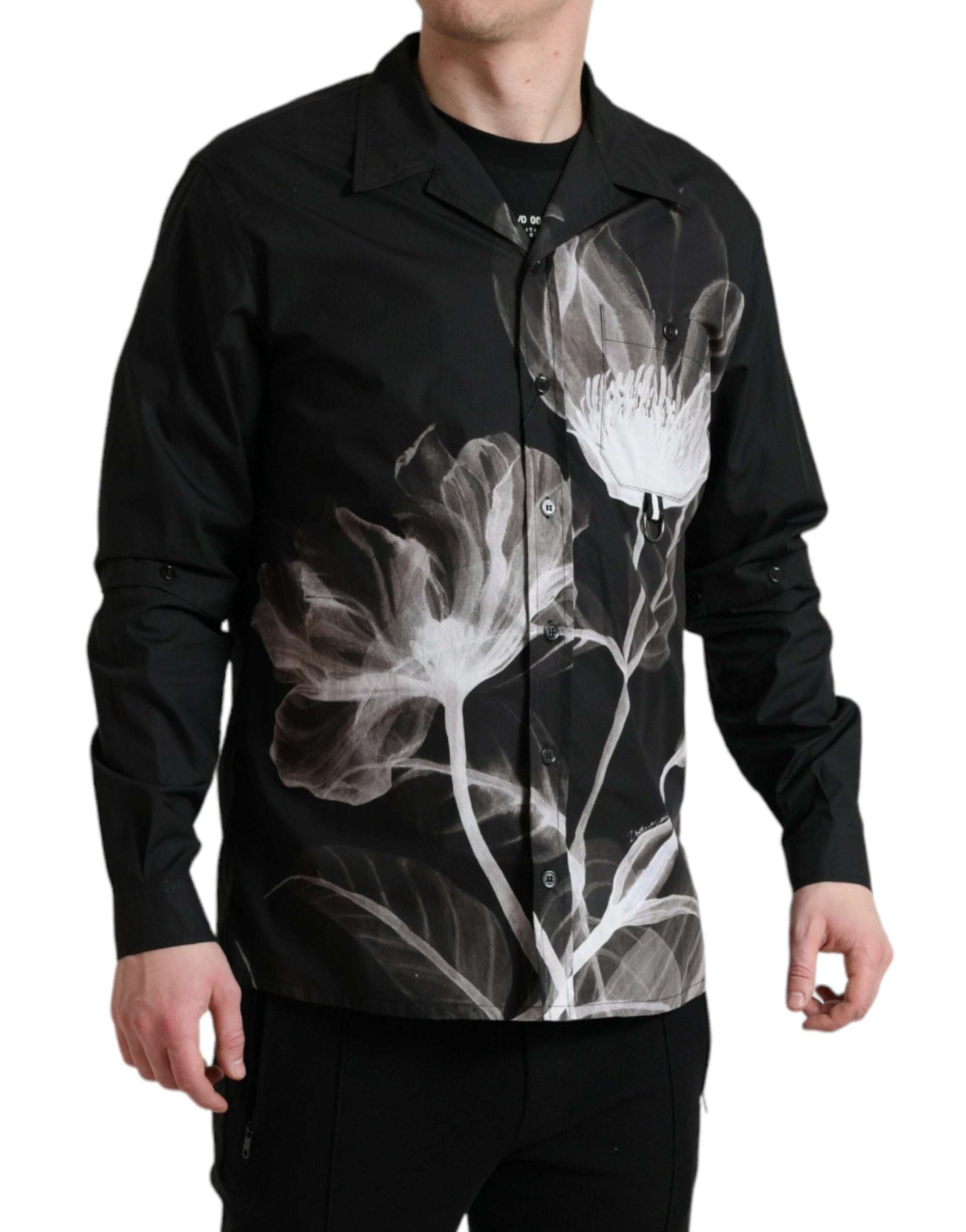 Black shirt with white flower design on front