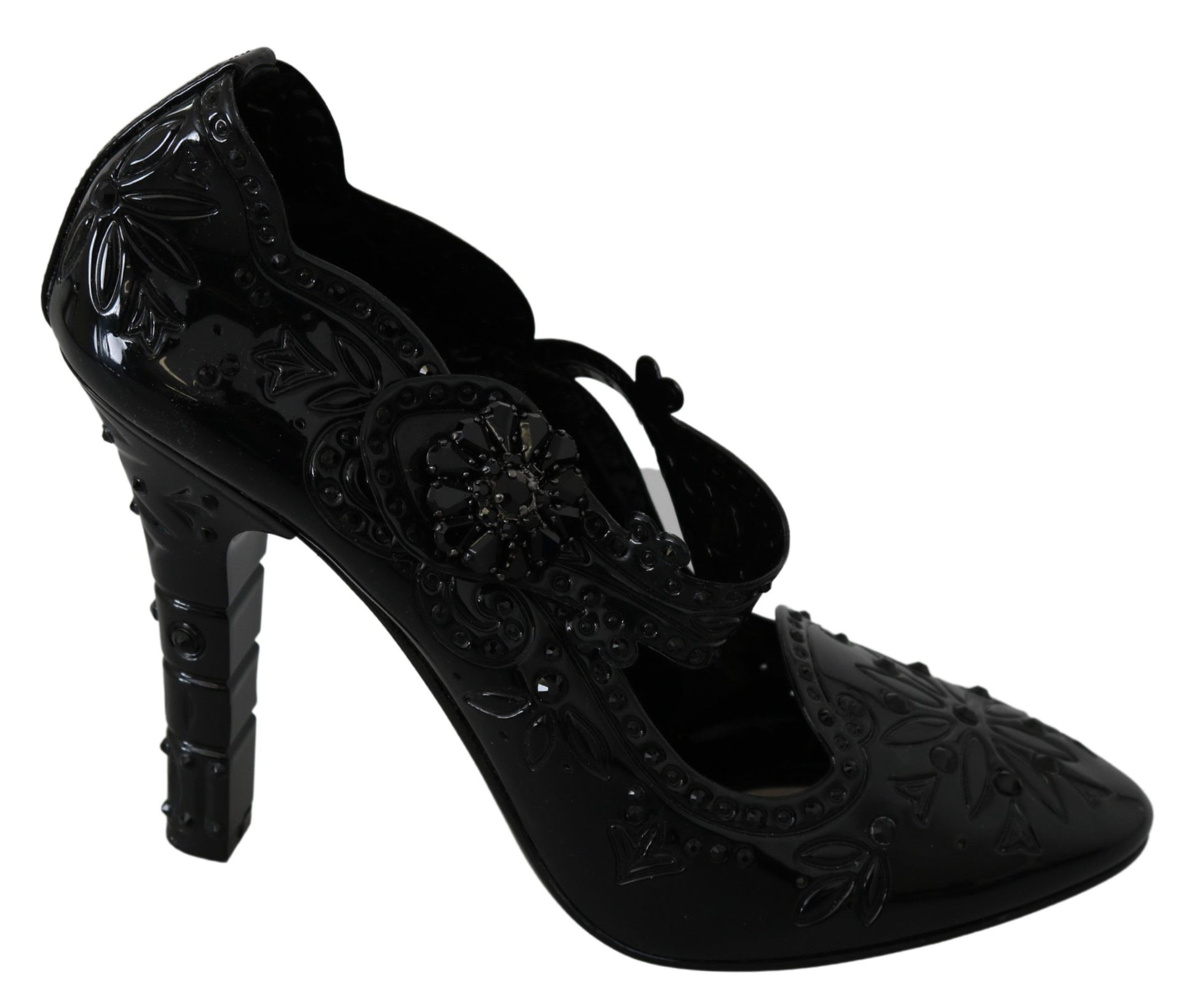 Black high heel shoe with decorative design on top and side