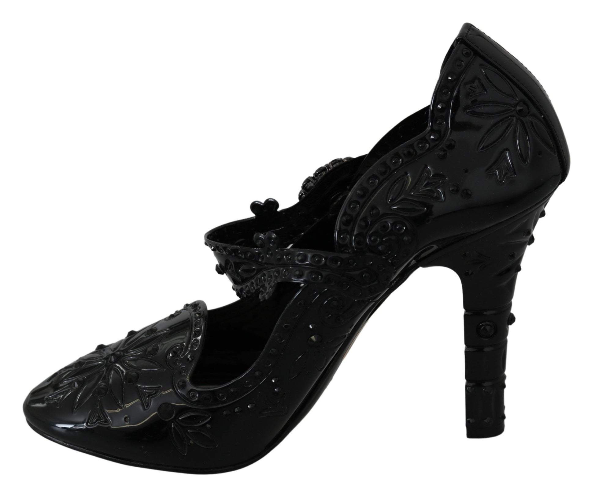 Black high heel shoes with embroidery and straps