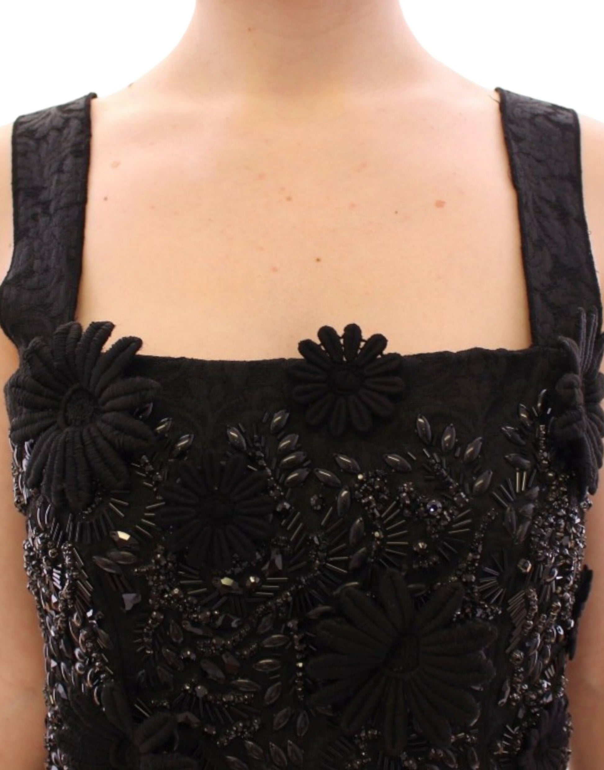Black embellished dress with floral patterns