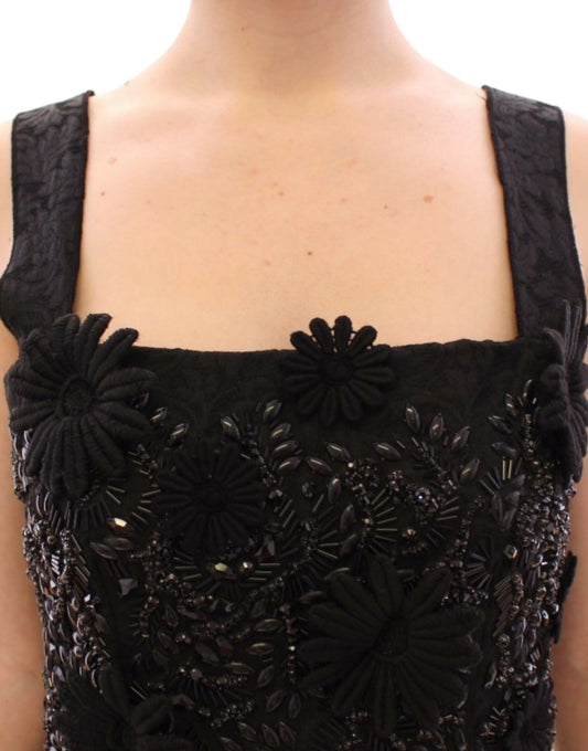 Black embellished dress with floral patterns