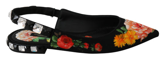 Black sandal with floral print and rhinestones on straps