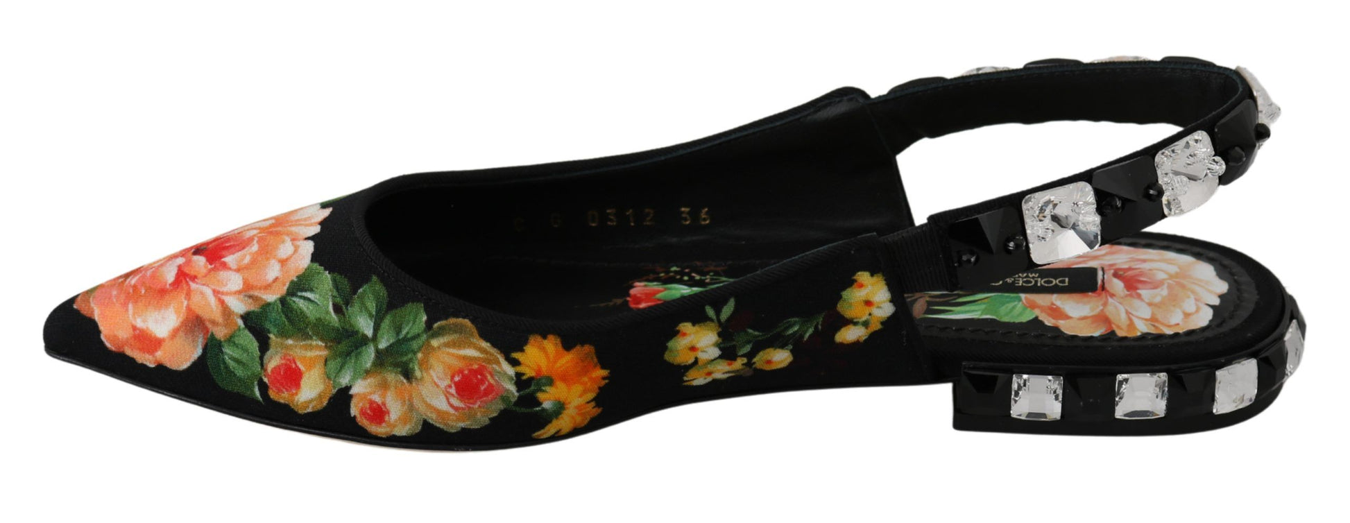 Pair of women's sandals with floral print and rhinestones on straps