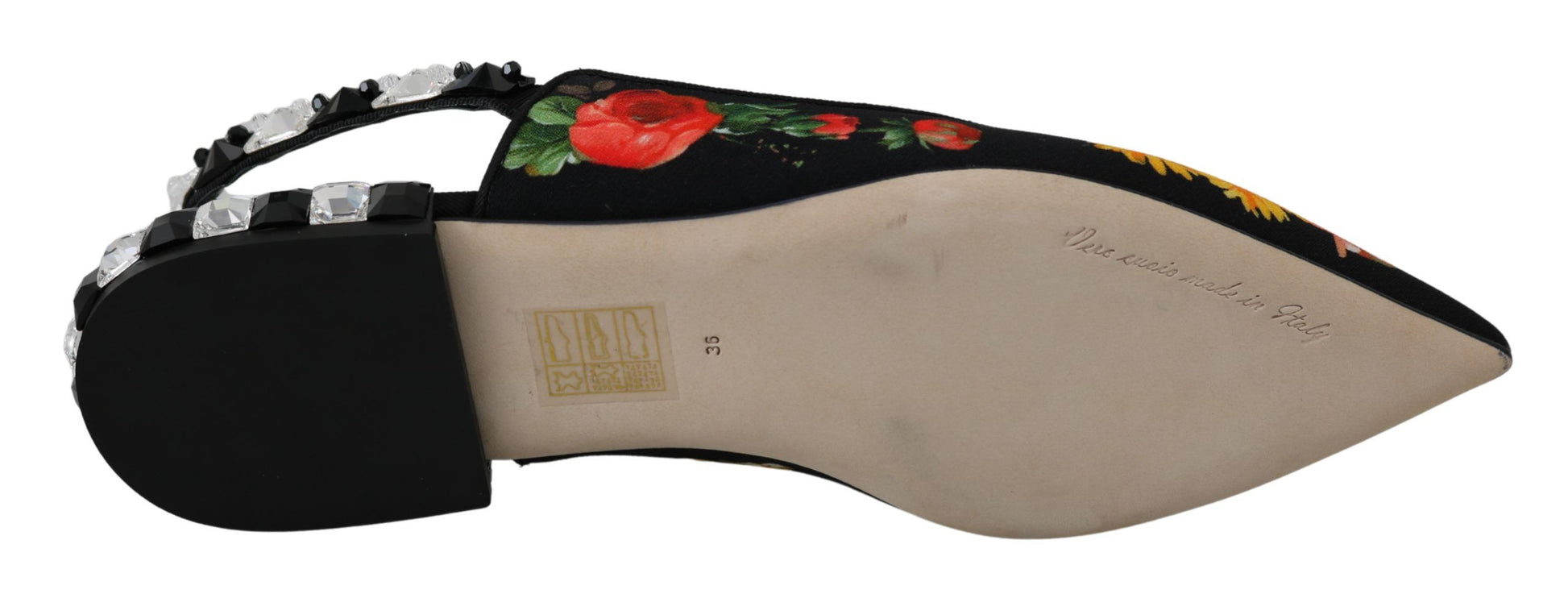 Pair of women's shoes with floral pattern and black heels