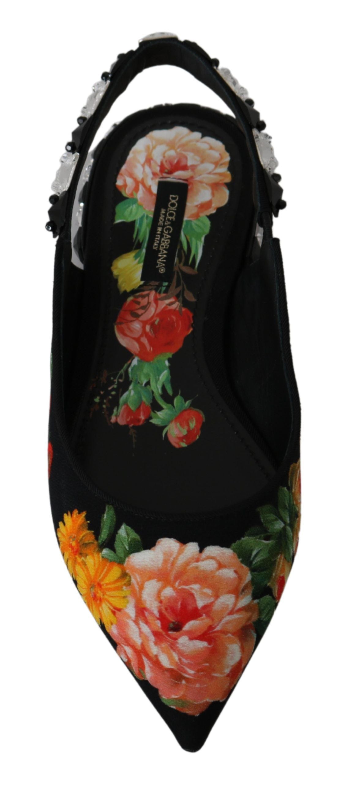 Floral print handbag with black straps and a floral pattern on the side