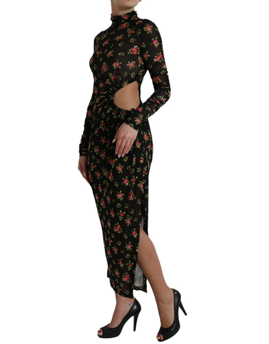 A black floral cut out sheath long maxi dress