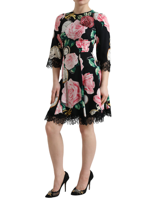 A black floral embellished lace A-line dress from Dolce & Gabbana