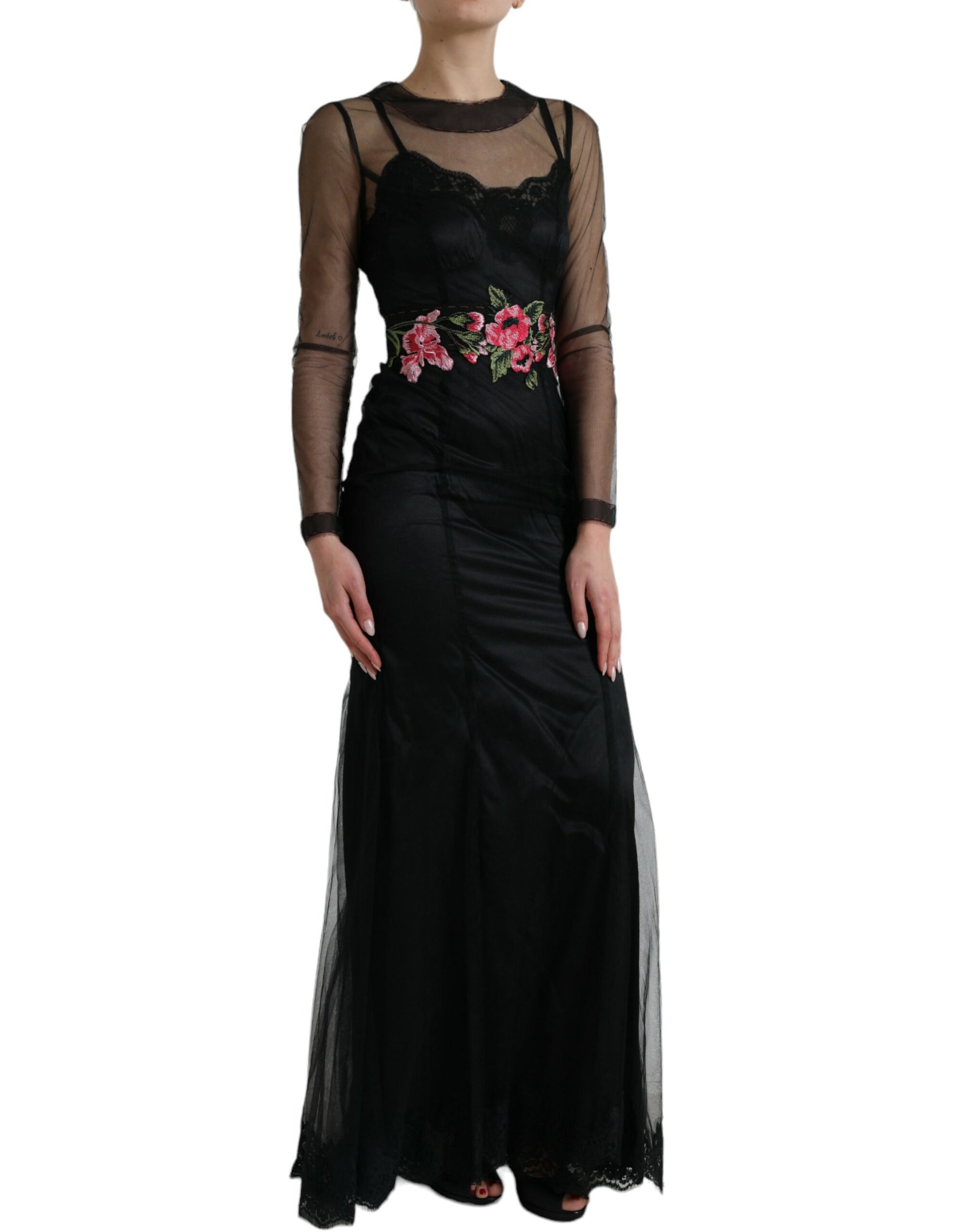 Long black dress with floral embroidery and mesh tulle overlay