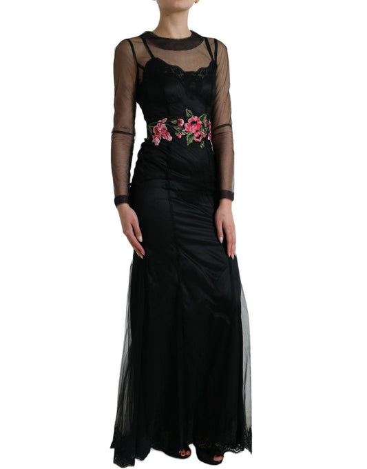 Long black dress with floral embroidery and mesh tulle overlay