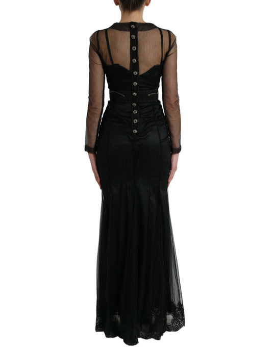 Long black dress with floral embroidery and mesh tulle overlay